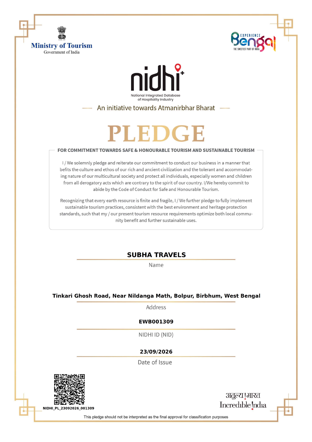 Subha Travels pledge certification document